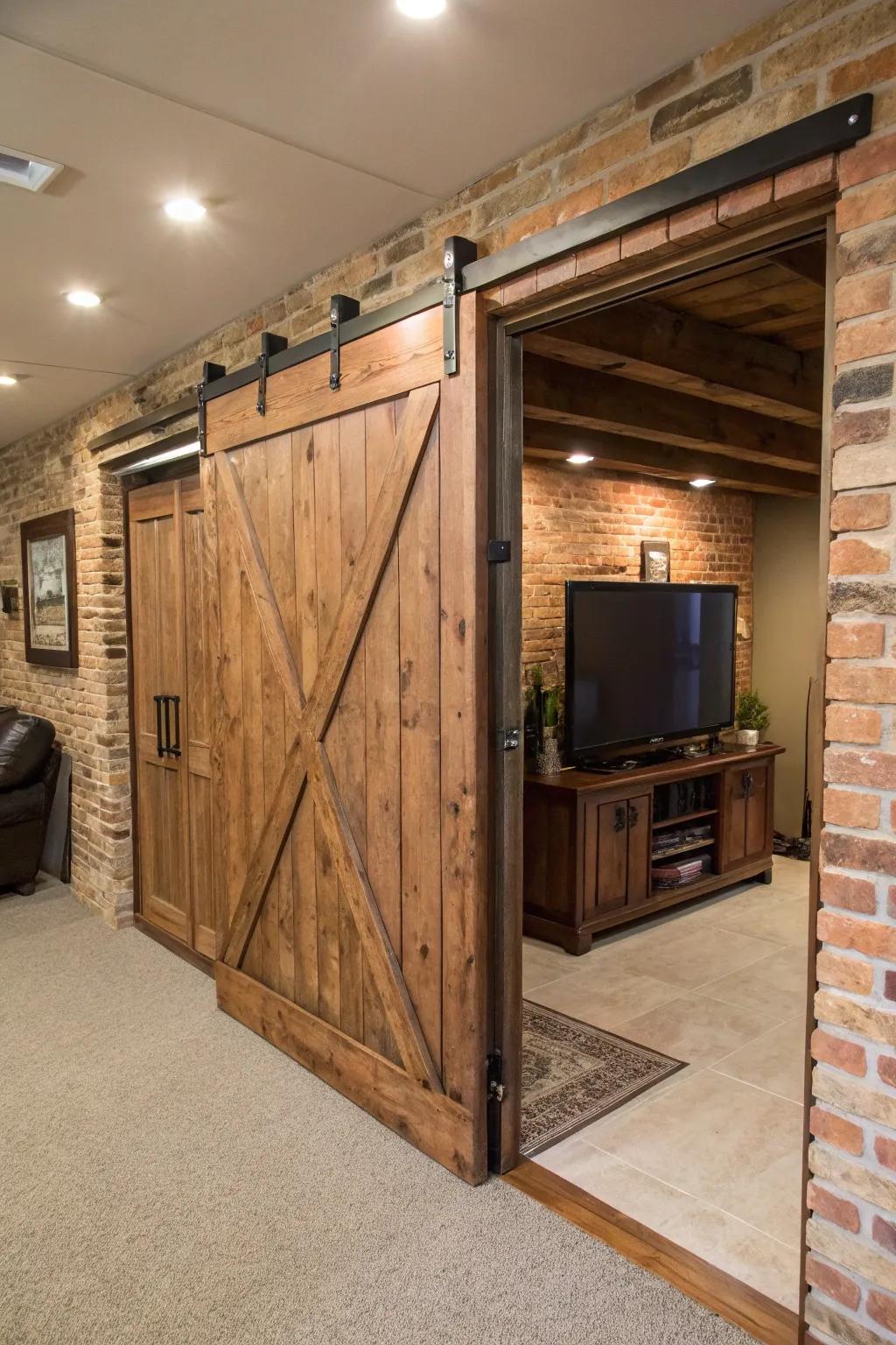A basement TV wall featuring a sliding barn door that introduces rustic charm and functionality.