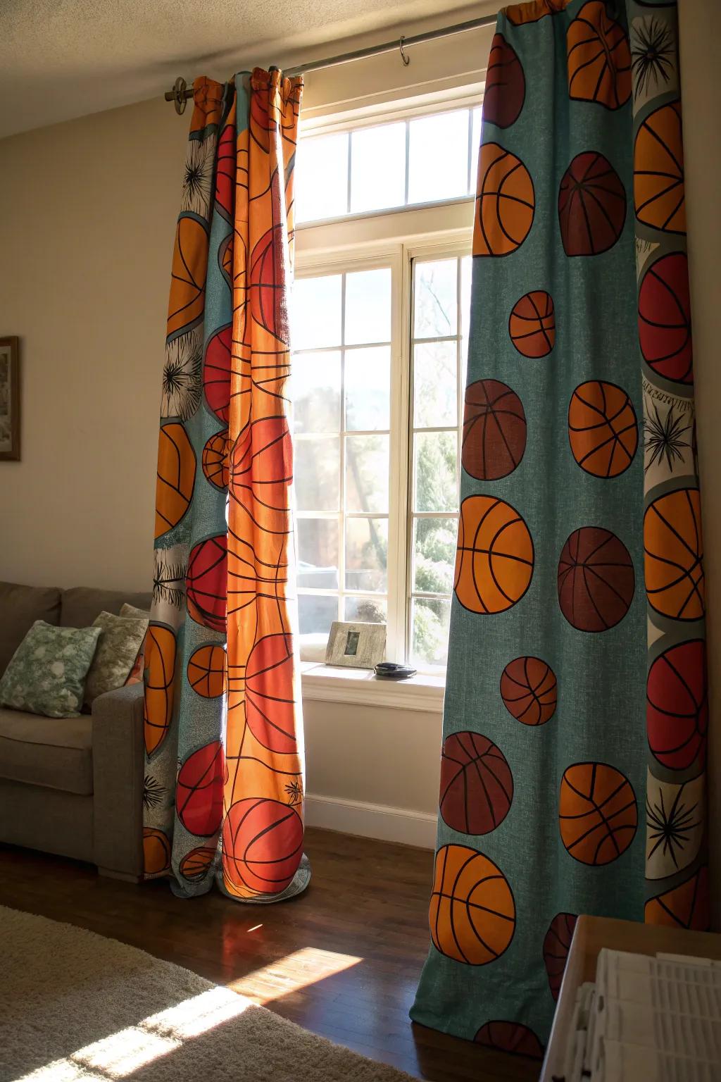 Window coverings featuring basketball patterns infuse a fun, spirited touch.