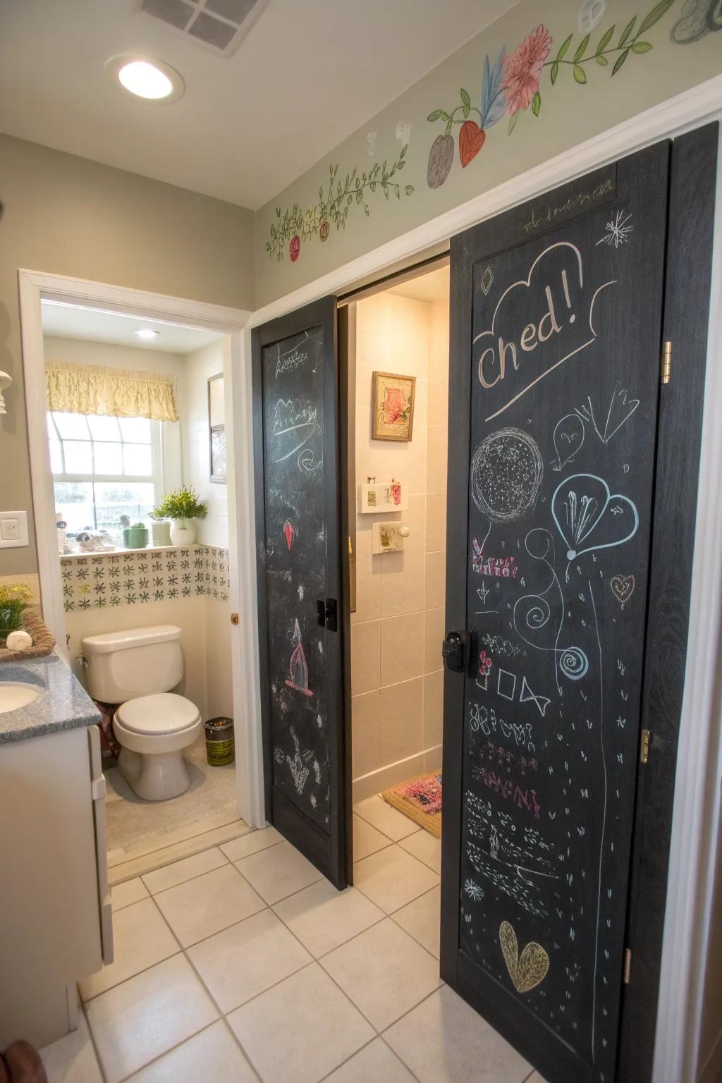 Chalkboard paint transforms doors into creative canvases.