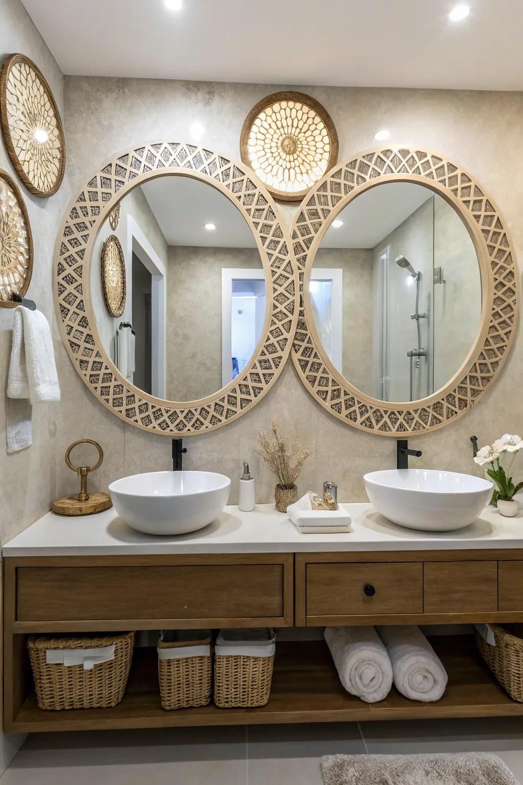 A bathroom featuring unique mirror designs, adding an artistic and functional element to the decor.