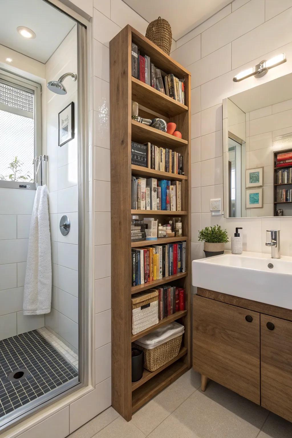 Bookrack partitions introduce style and stowage to the bathroom.