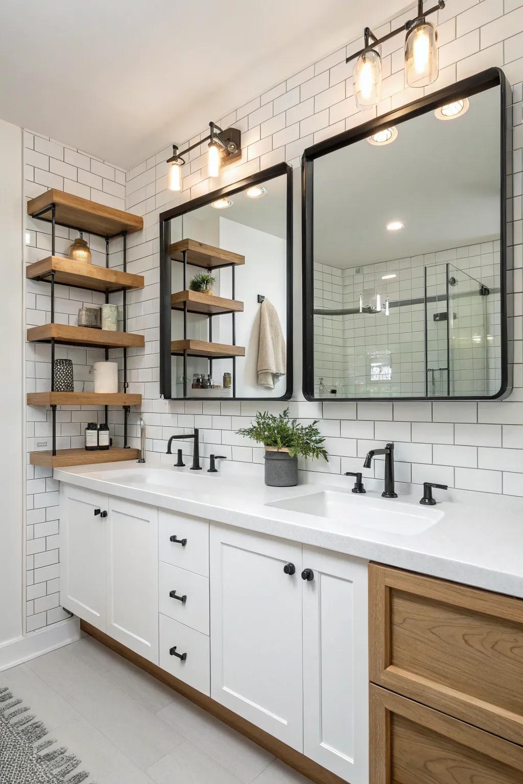 Coordinated elements fashion a harmonious restroom design.