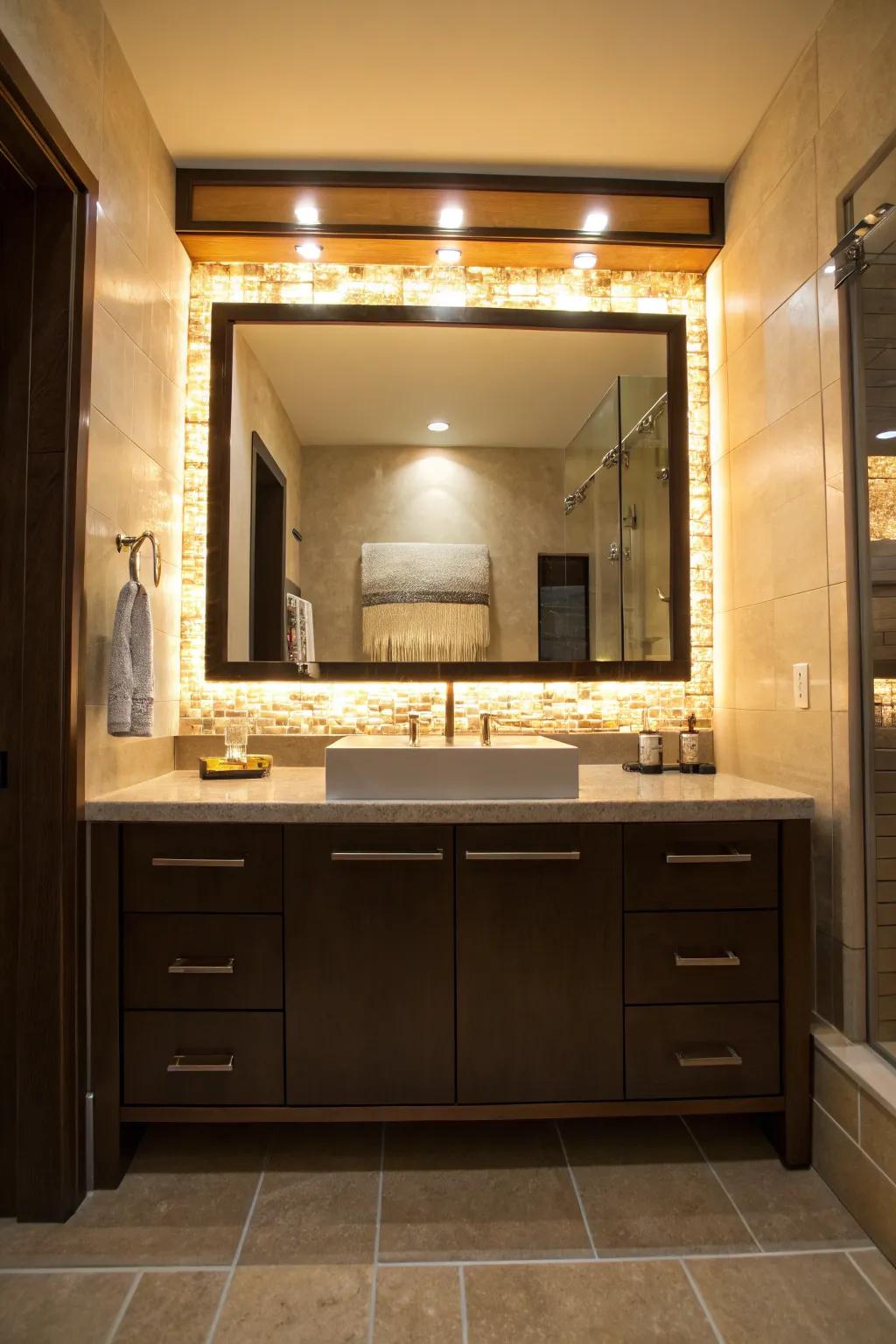 LED lighting creates a stunning backsplash effect.