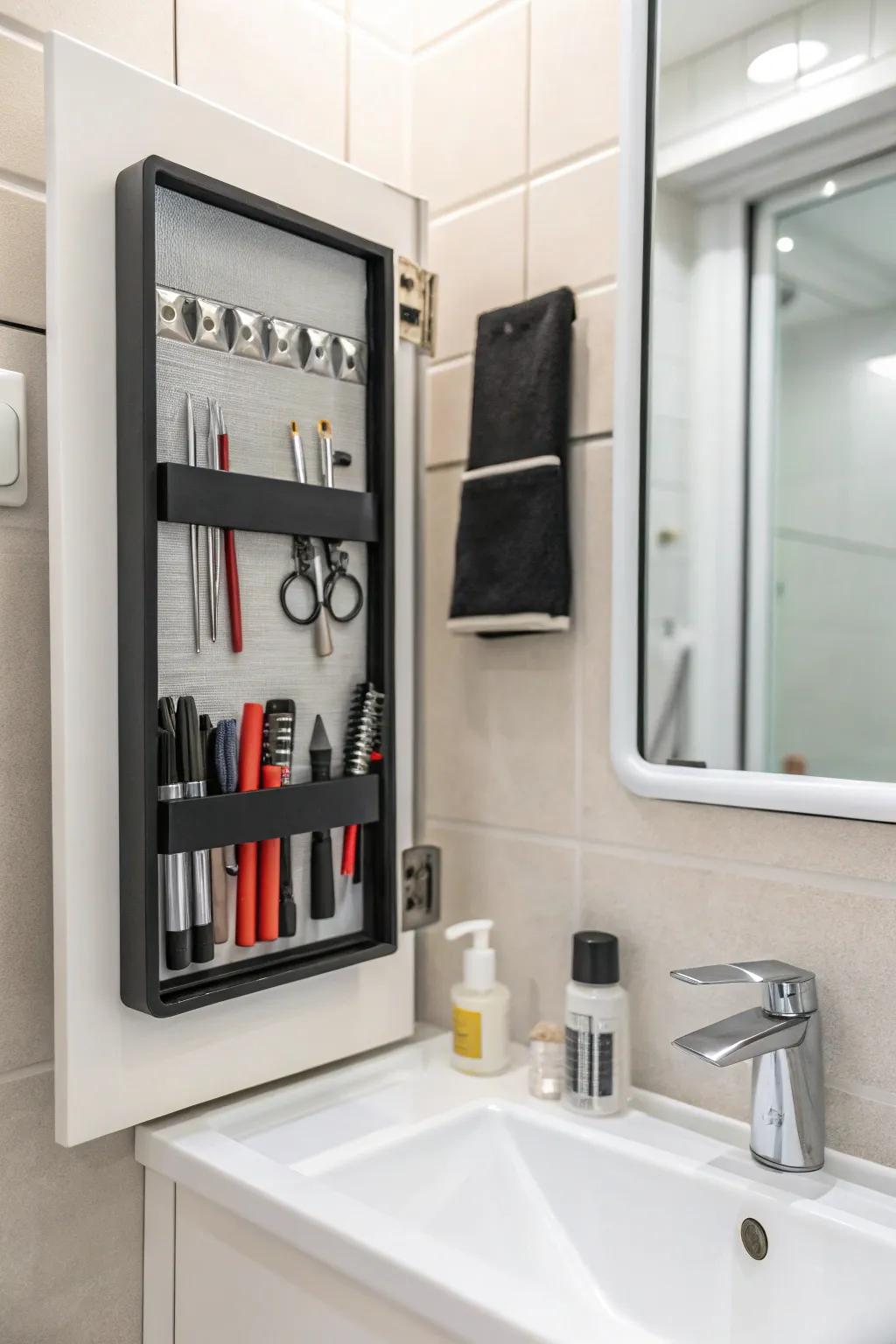 Magnetic strips for arranging petite metal tools.