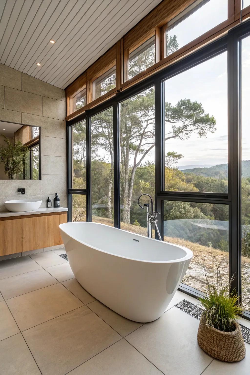 A uniquely shaped soak makes a bold statement in this bathroom.