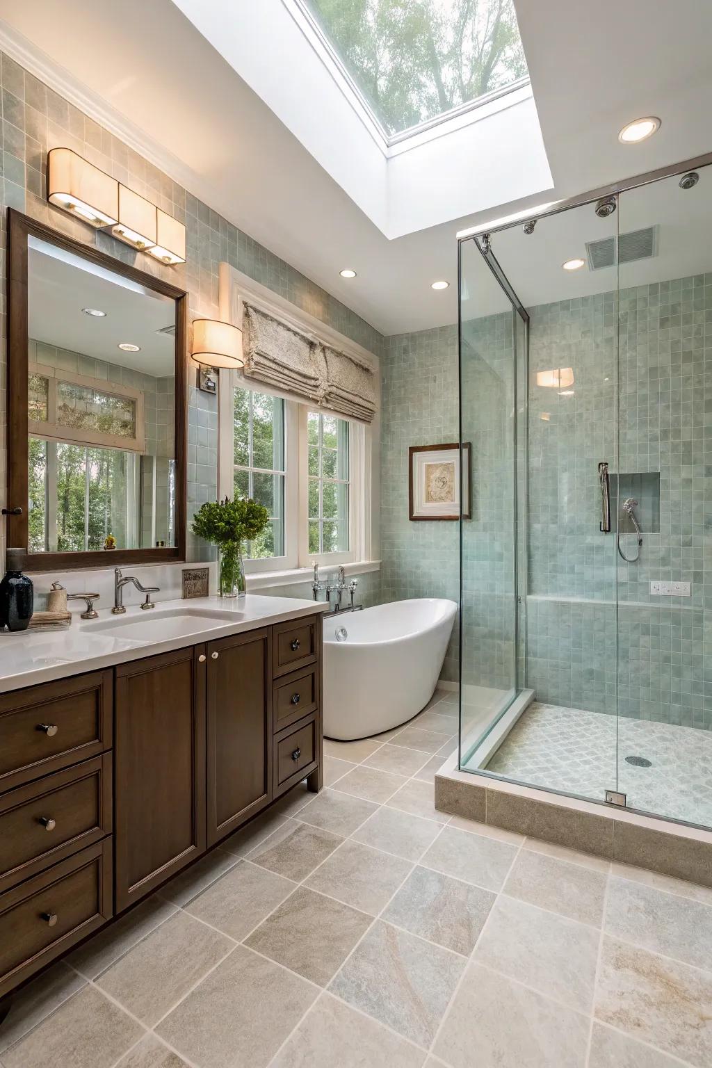 Floor-to-ceiling tiles creating a cohesive look in the bathroom.