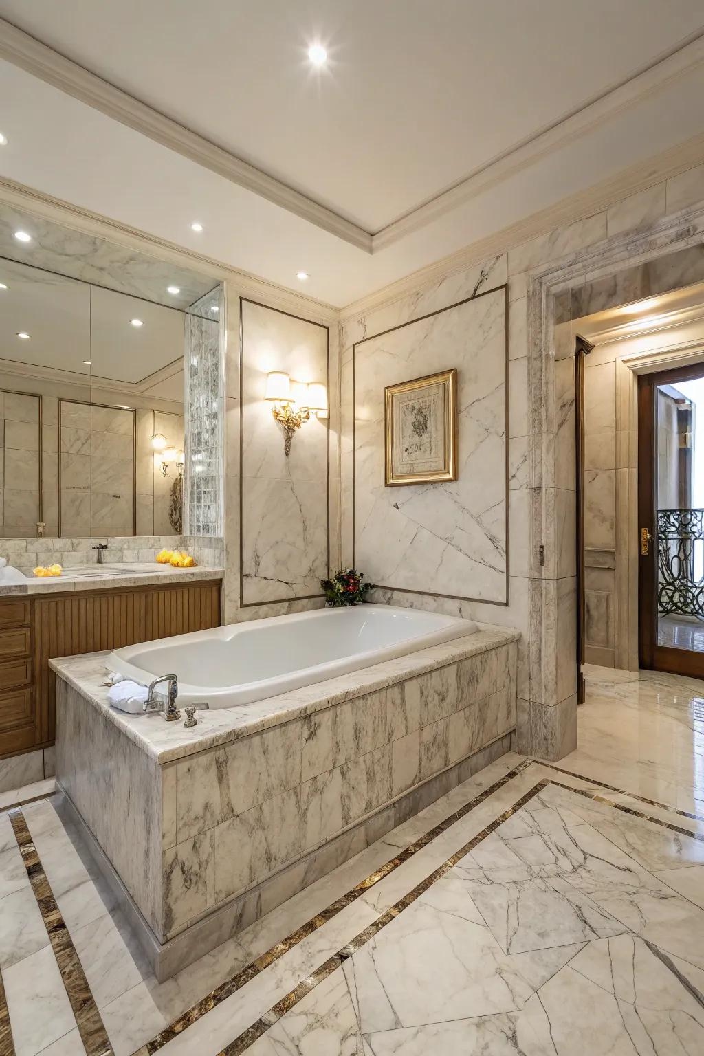 A luxurious bathroom features a tub with an elegant marble surround.