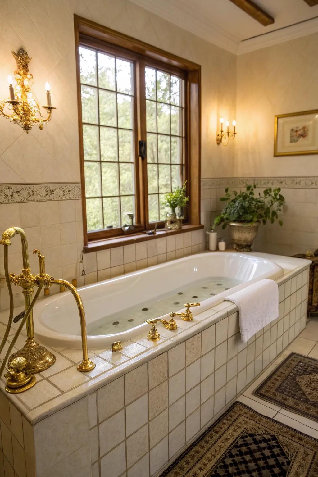 Gilded pieces inject a hint of luxury into this tub area.
