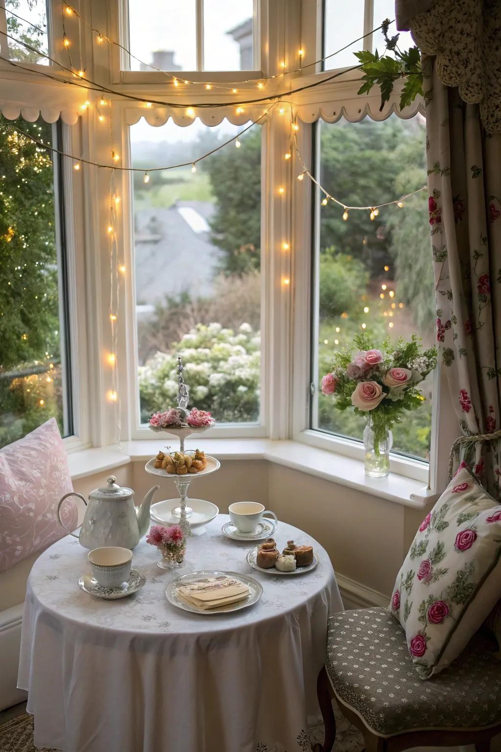 An enchanting tea spot in the bay window is perfect for enchanted afternoon gatherings.
