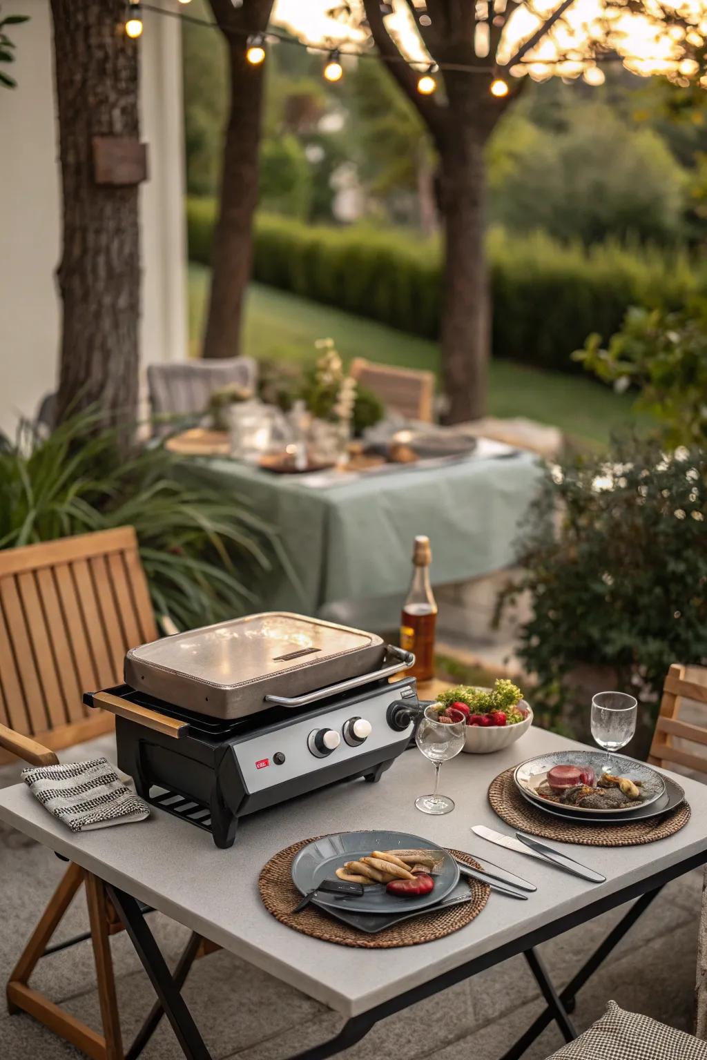 Table grill for cozy outdoor dinners.