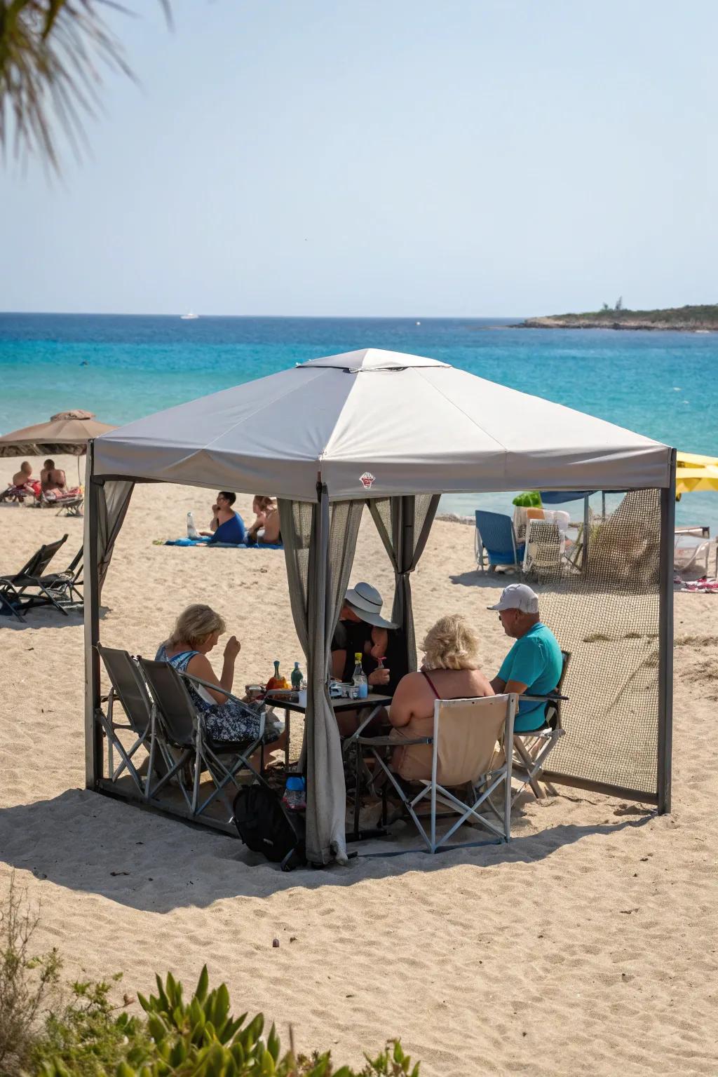 Mobile gazebos deliver expansive shade for sizable beach gatherings.