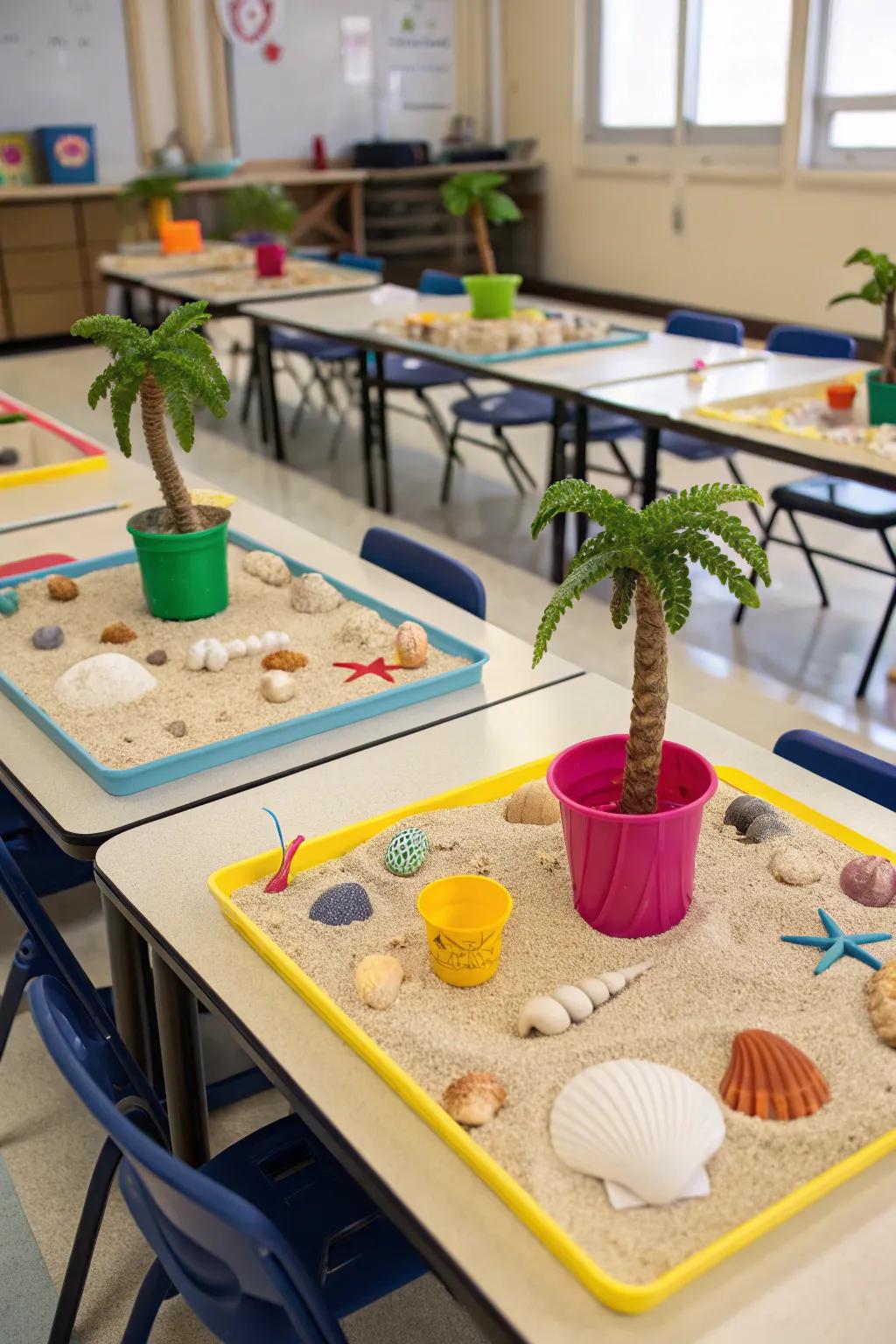 Beach-style table layouts establishing a cohesive and charming classroom atmosphere.