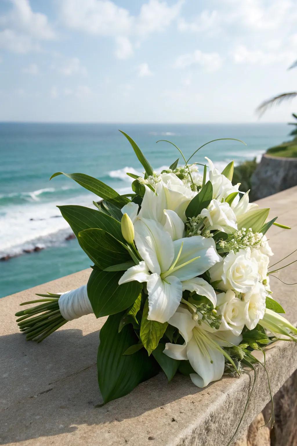 A timeless arrangement with classic grace for a seaside wedding.