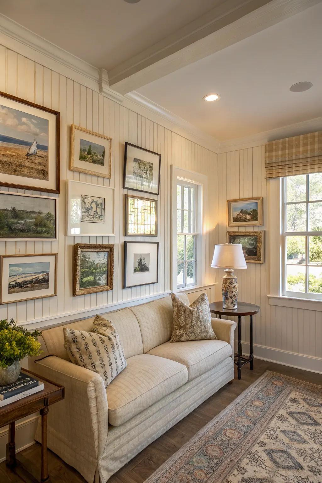 An artistic living room featuring plank panel walls in a neutral color.