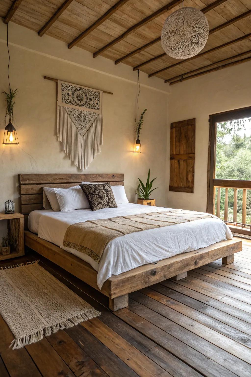 Natural timber slabs offer an earthy and natural bedroom vibe.