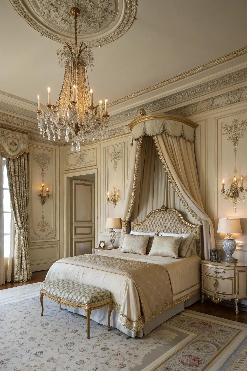 Ornate details and sophisticated decor bring Gallic refinement to this luxurious bedroom.