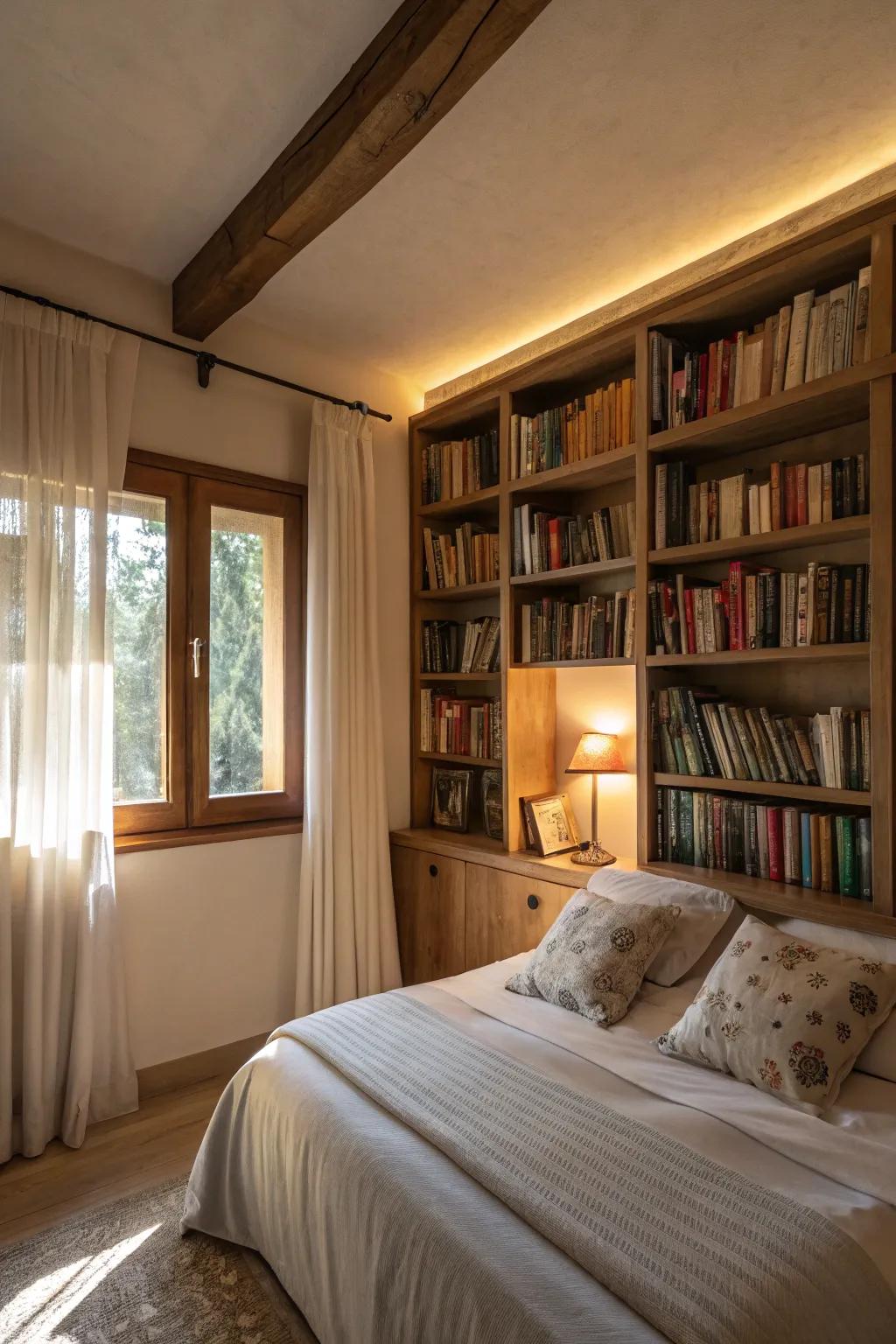 Integrated bookshelves craft a cozy library sensation.