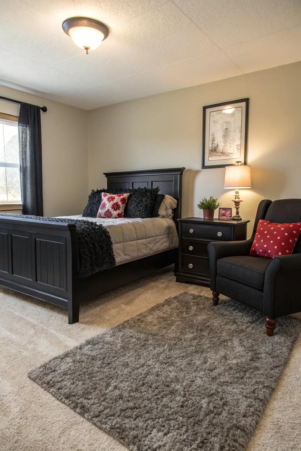 A plush rug softens and balances a bedroom with bold black furniture.