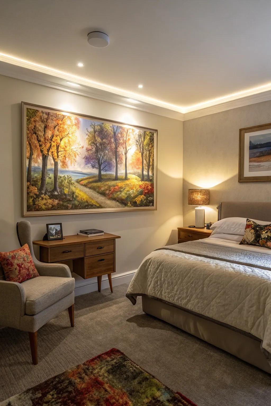 Artwork is made into a striking focal point with LED picture lights.