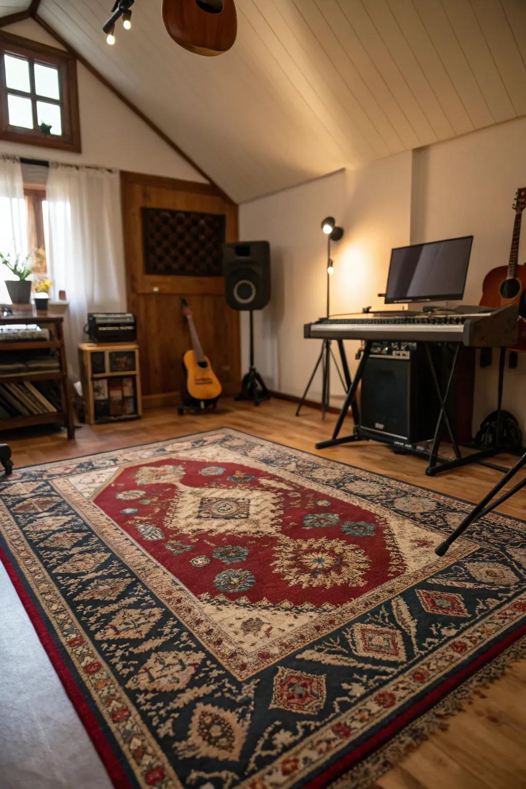 A cozy rug adds warmth and style to your music studio.