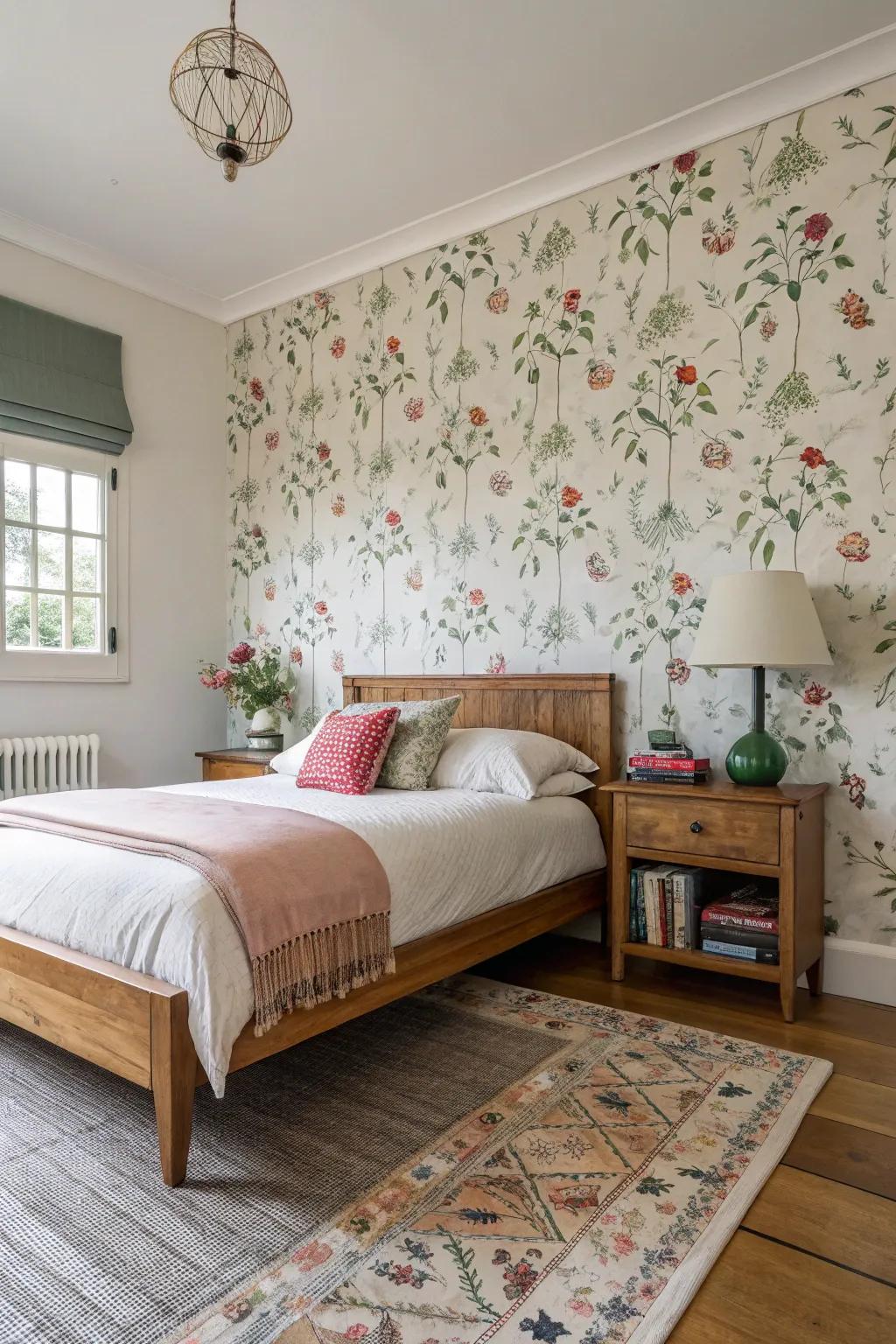 A bedroom with a captivating feature wall.