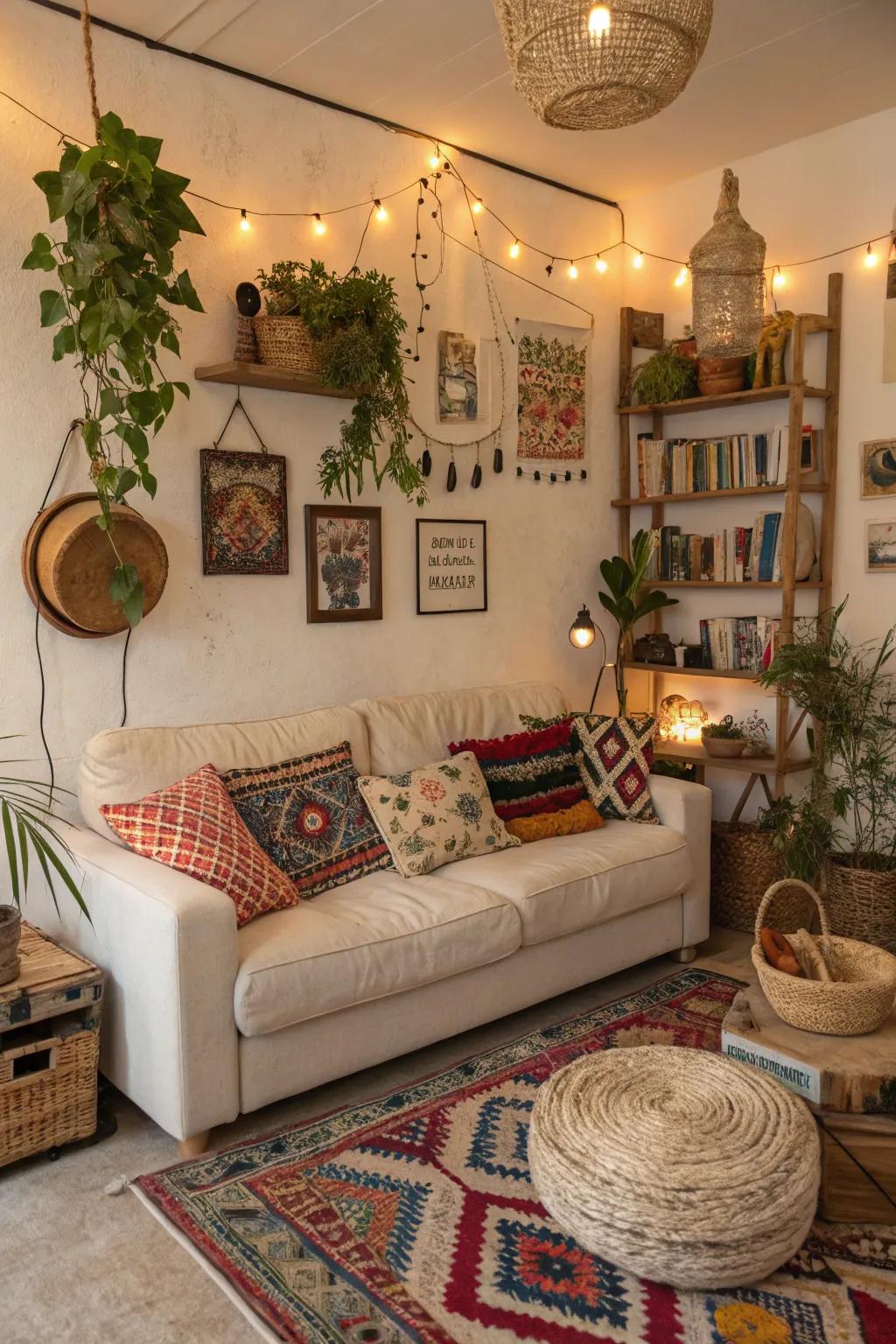 A bohemian living room with a range of vibrant patterns and a sand-toned sofa.