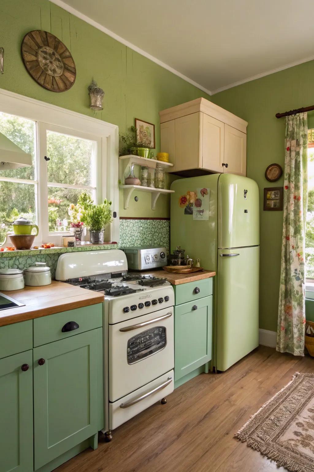 A chic food prep area featuring retro joyful green walls.