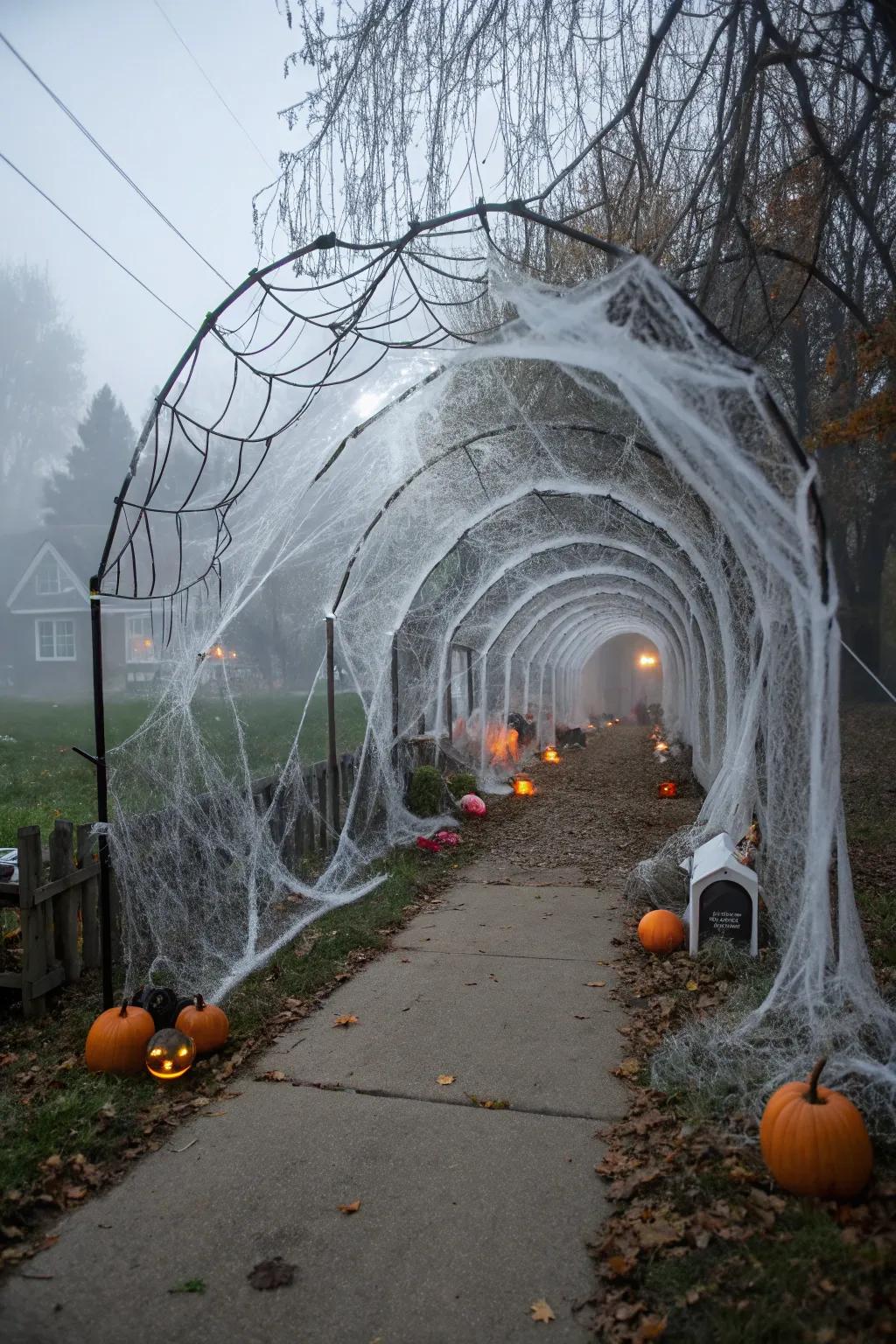 An arachnid webbing passageway invites guests to navigate its intricate maze.