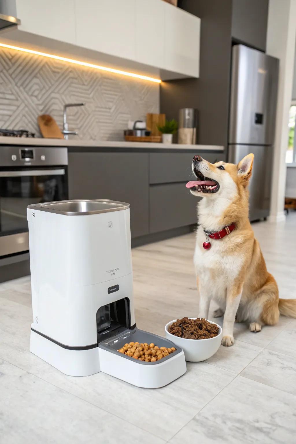 A smart pet feeder ensures well-fed pets.