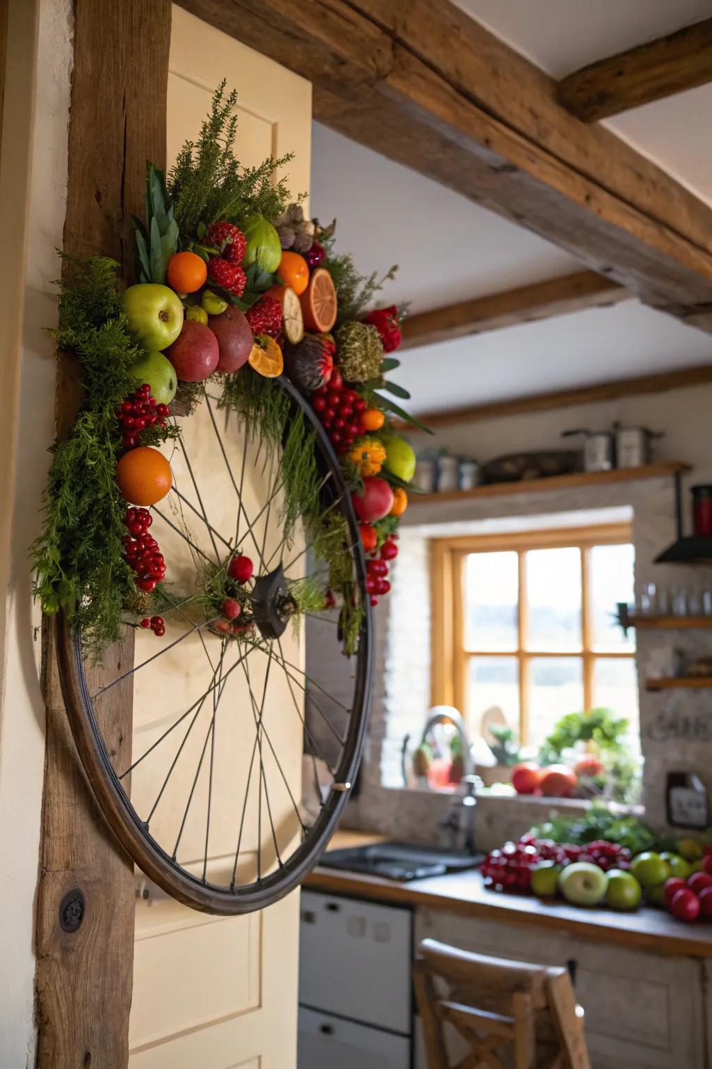 A harvest-themed bicycle wreath showcasing fruits and vegetables for a fresh appearance.