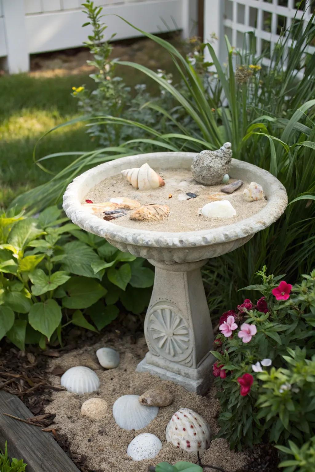 A seaside-themed bird bath brings coastal charm to your yard.