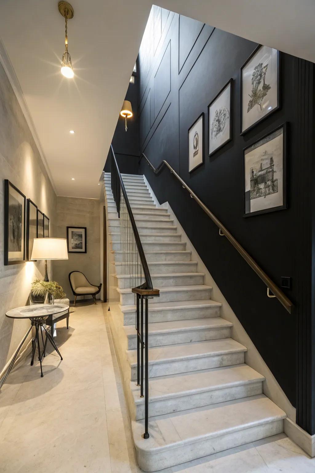 A stairwell transformed with a black accent wall, enhancing its presence as a design feature.