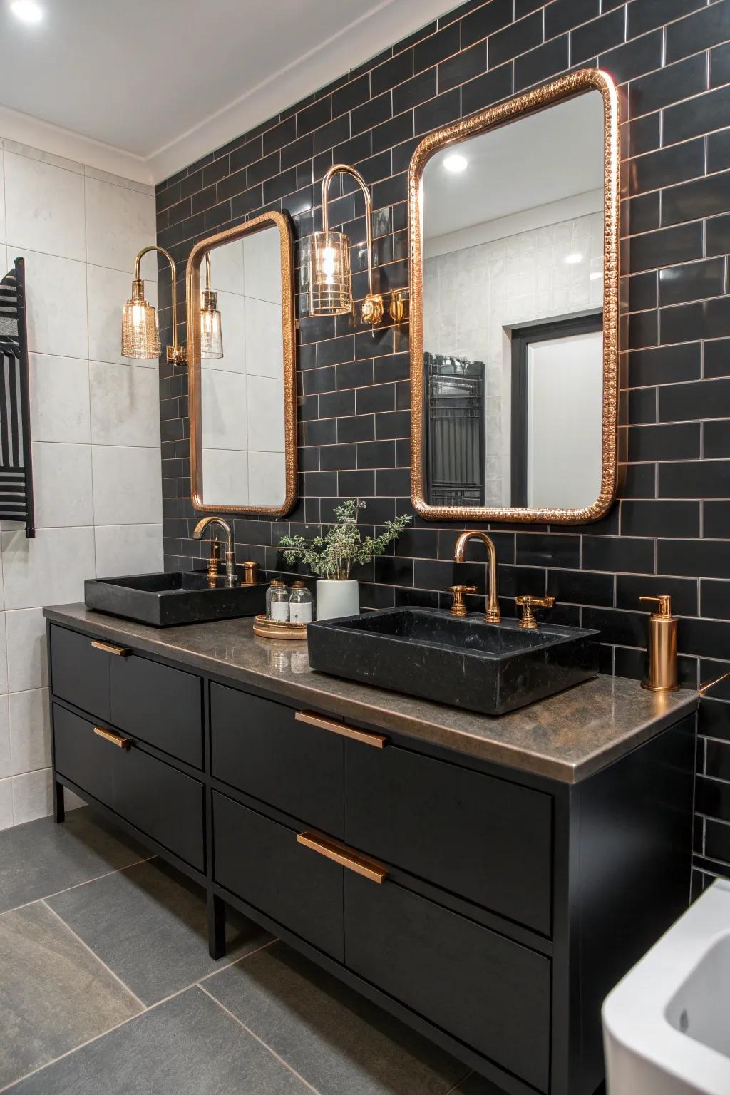 Accessories in black and copper tie the theme together.