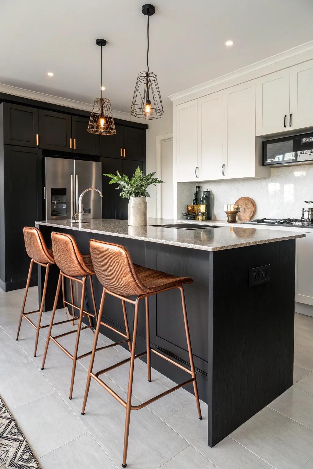 Copper bar stools bring a chic touch to a modern black kitchen.