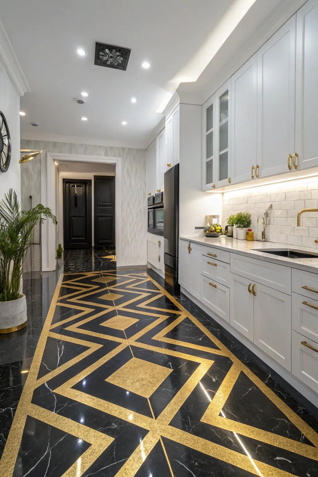 Ebony and gilded flooring makes a statement in this kitchen.