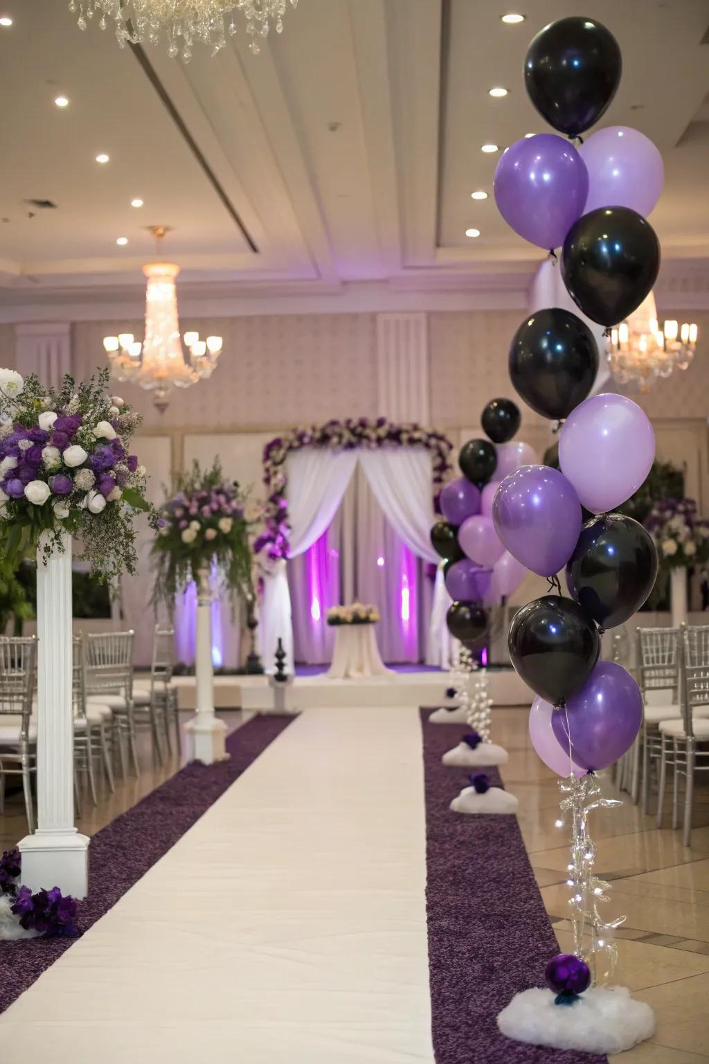 Playful balloon accents in lavender and midnight.