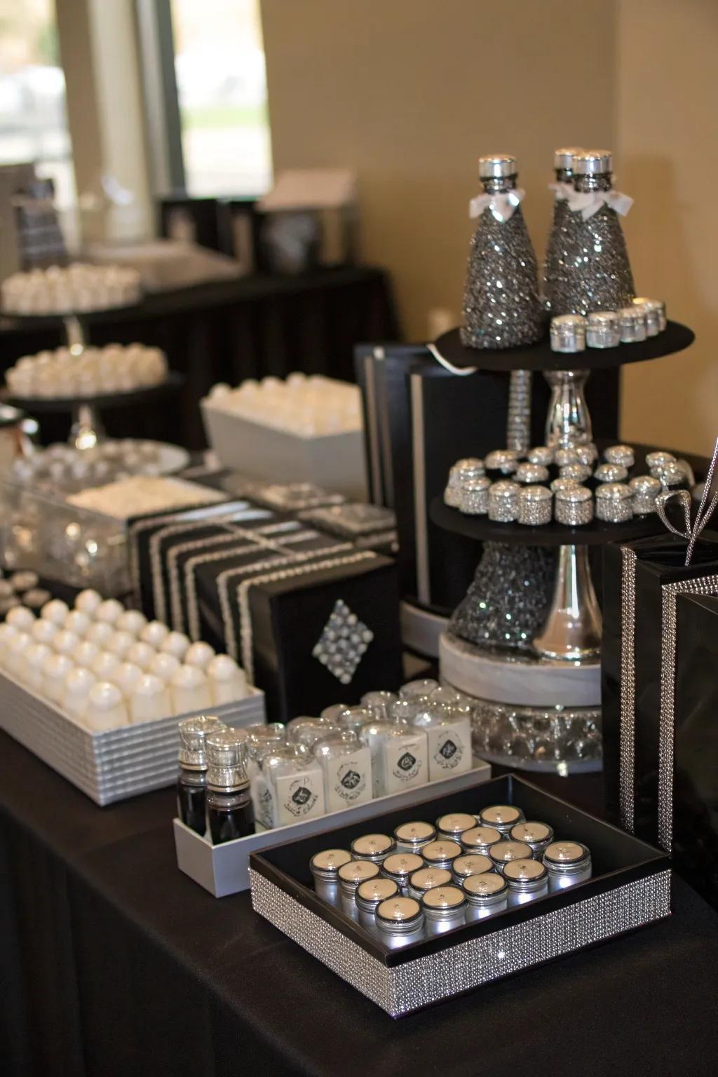 Thoughtful celebration presents in a stylish black and silver theme.