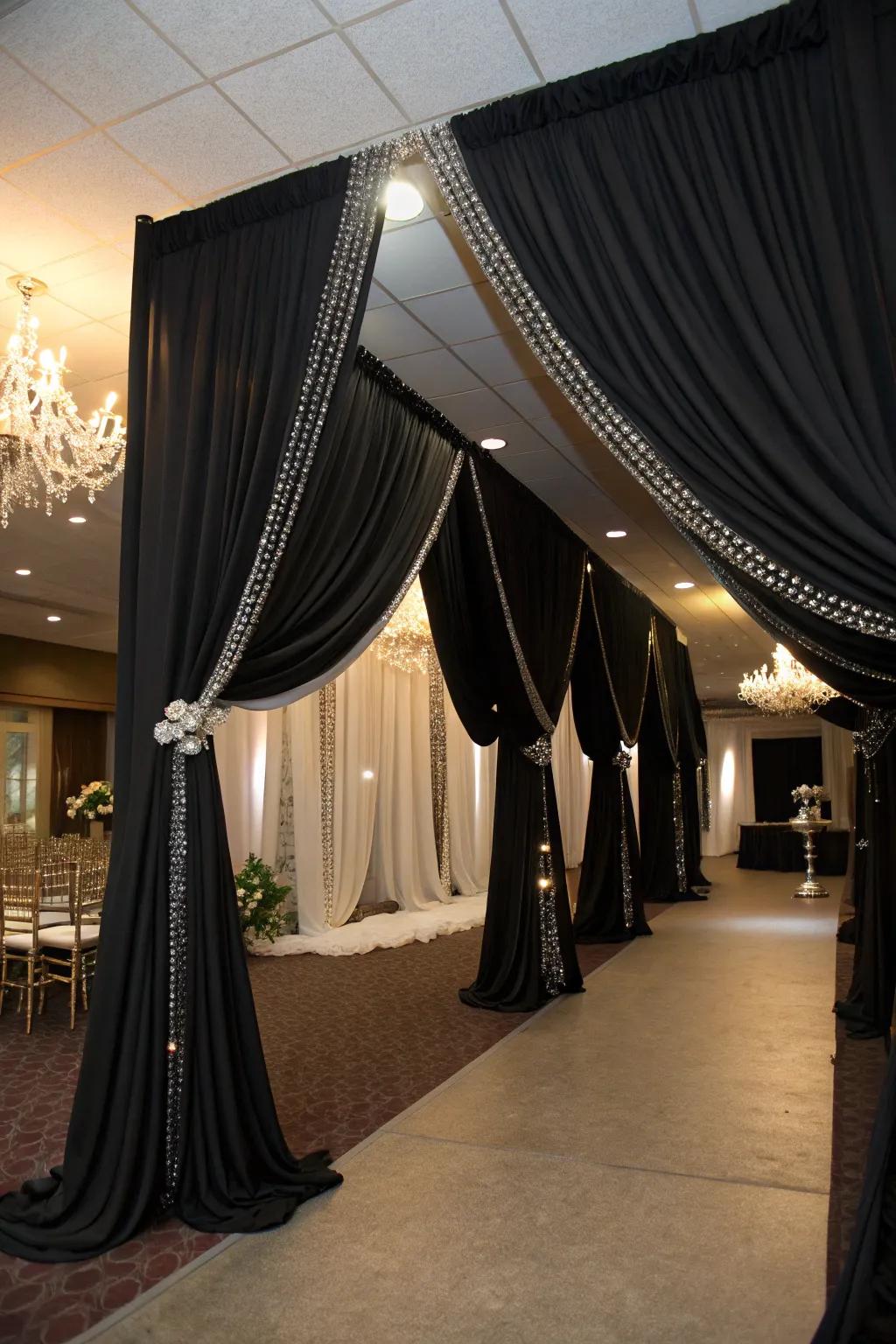 Dramatic drapery in coal and shimmer.