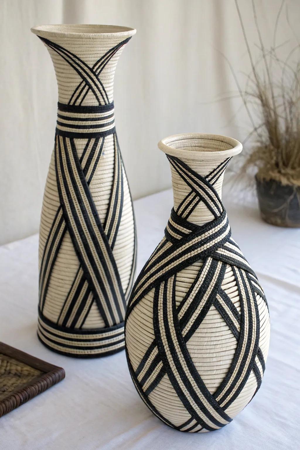 Vases wrapped in stylish striped ribbons.