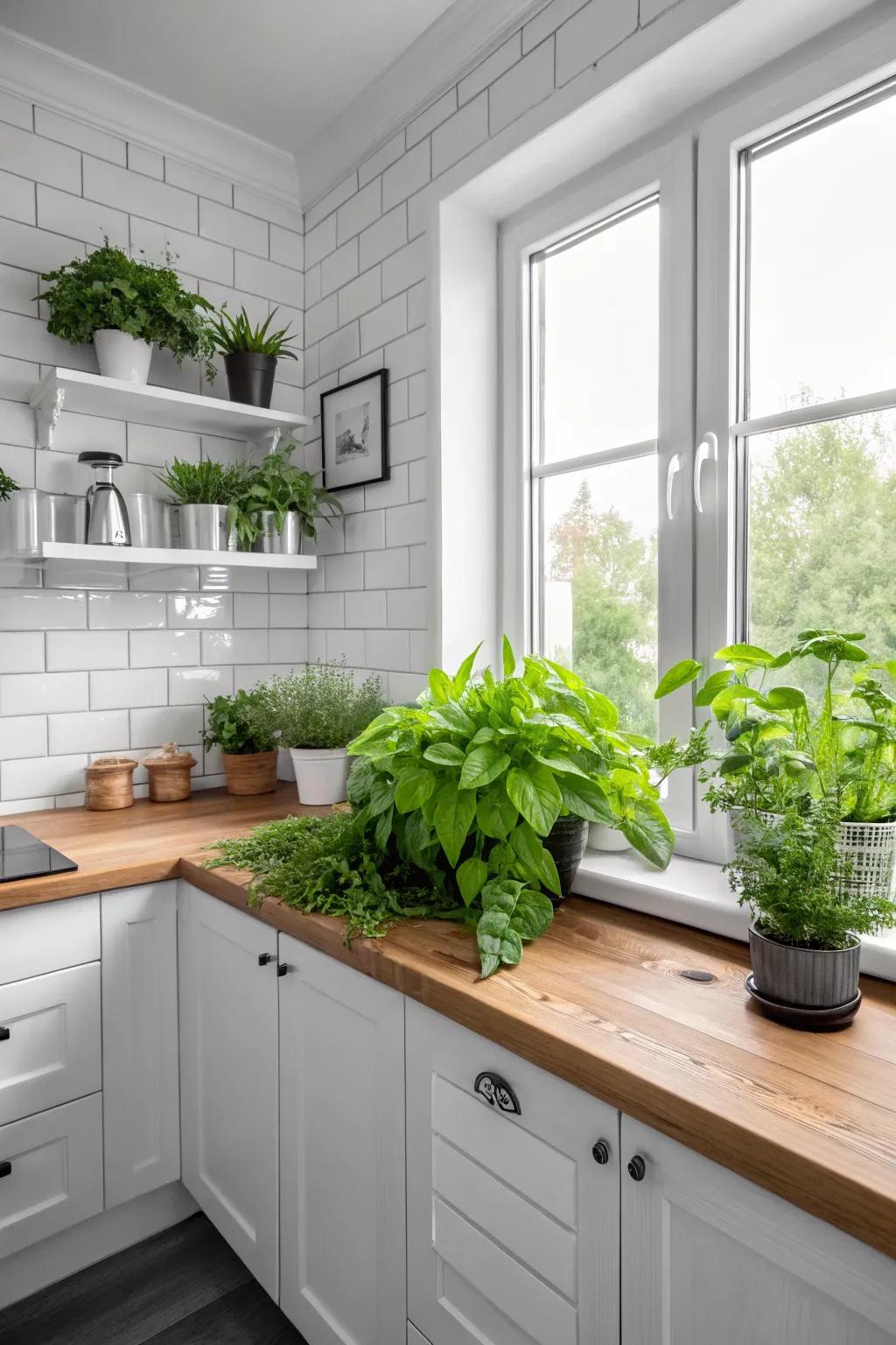 Plant life adds vitality and freshness to the kitchen.