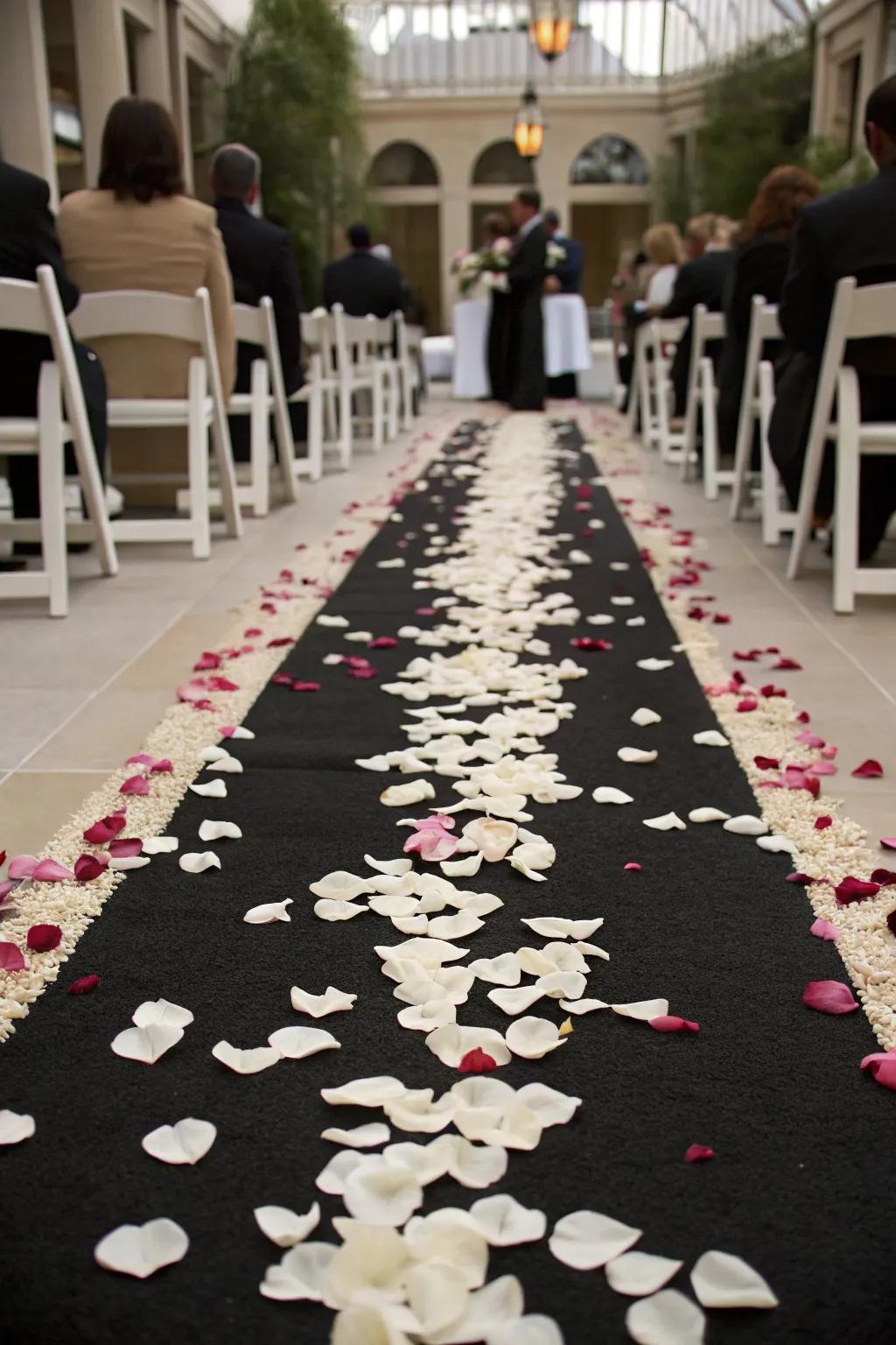 A dramatic ceremony walkway lined with ebony and ivory petals creates a stunning visual.
