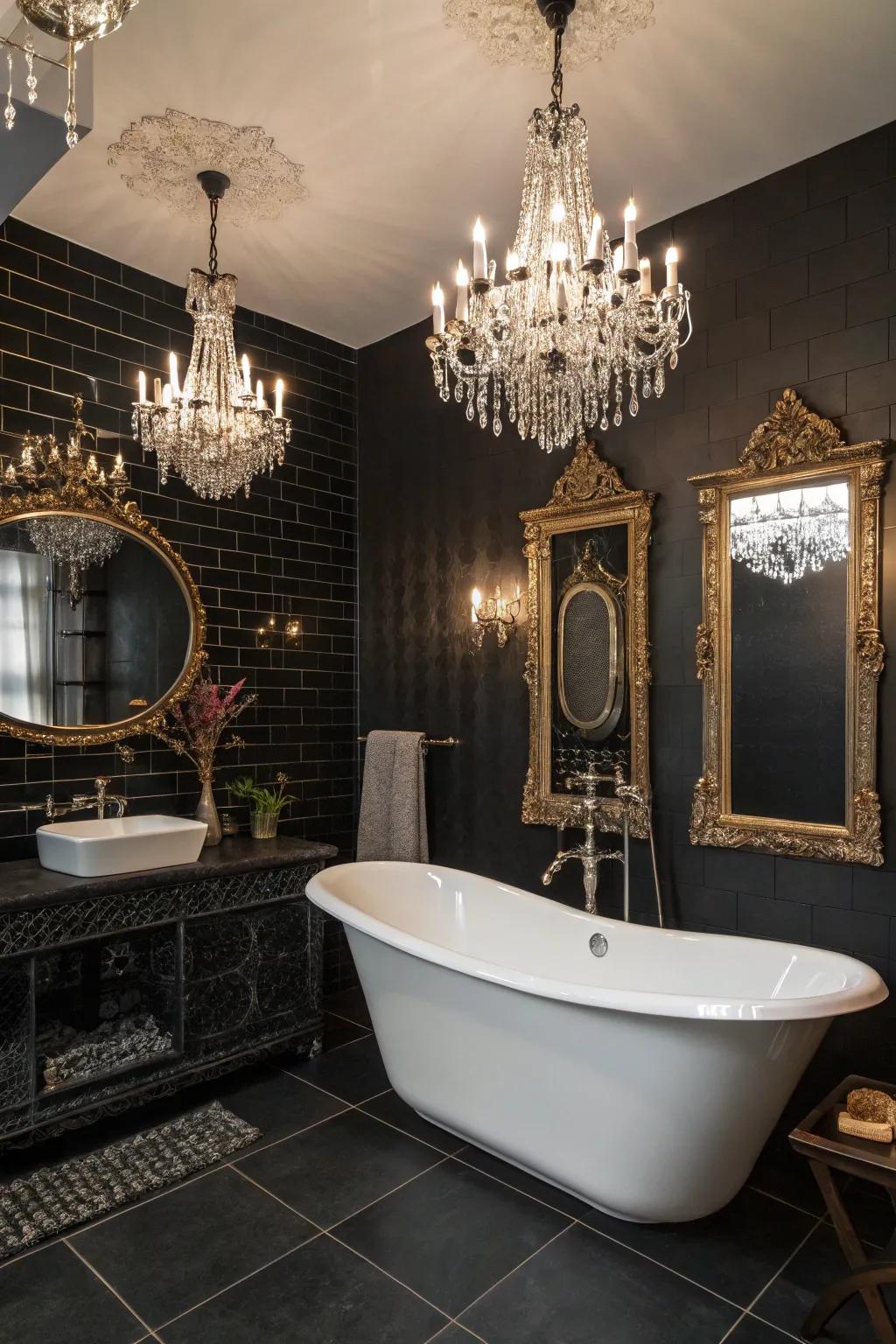 Crystal accents add vintage glamour to dark restrooms.