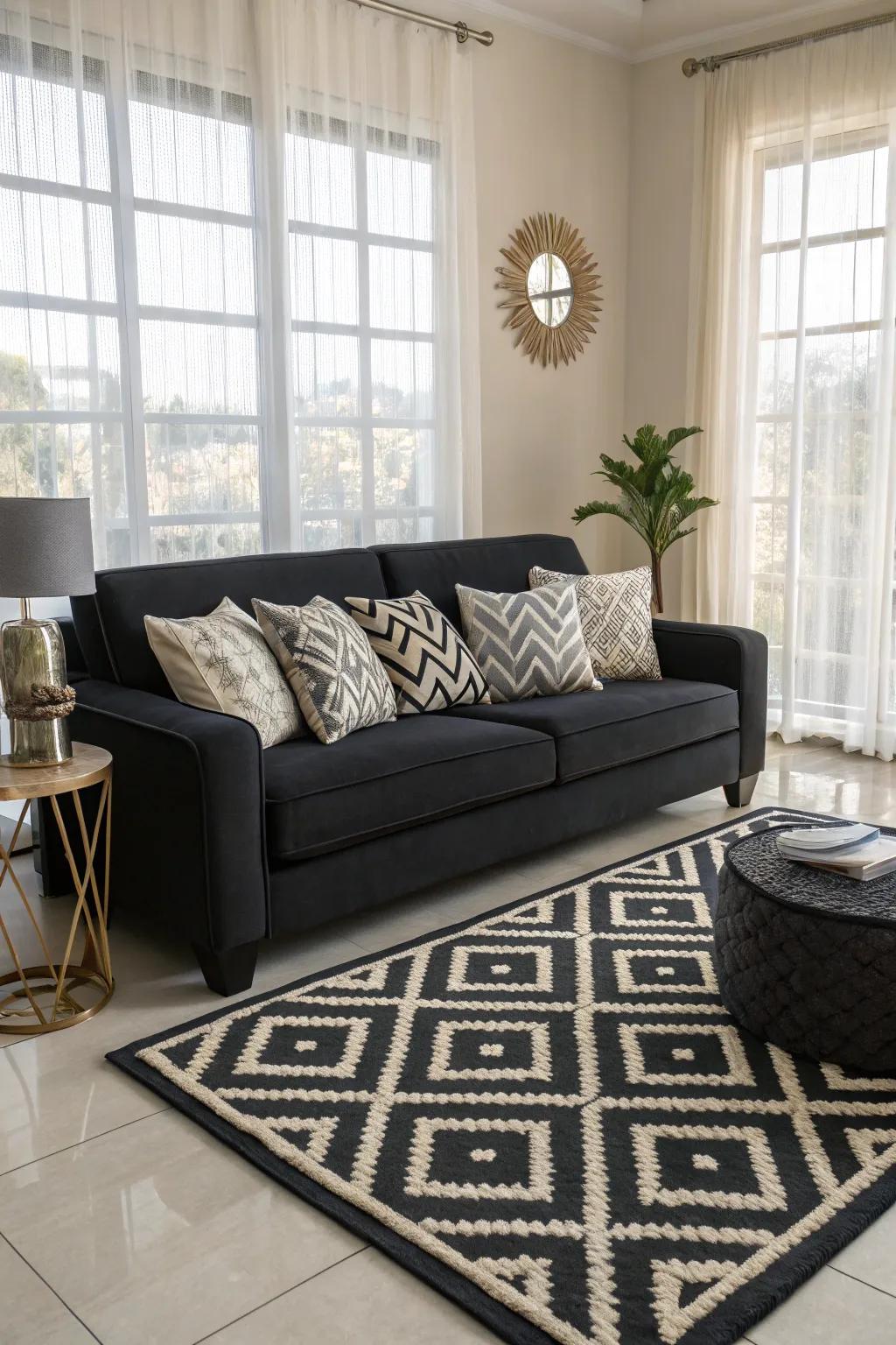 Geometric elegance with a dark-toned sofa.
