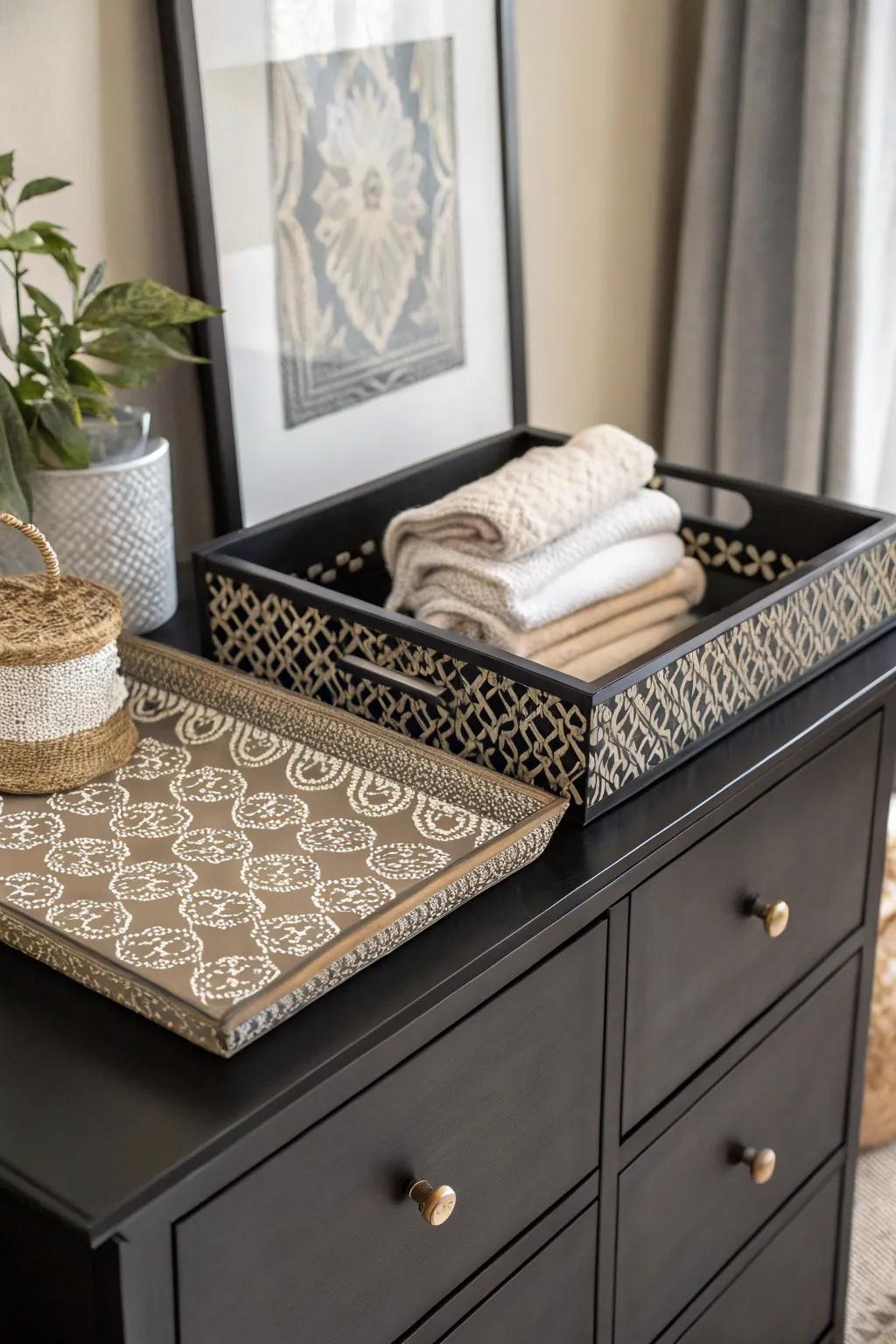 A black dresser transformed with a pop of pattern in its decor.