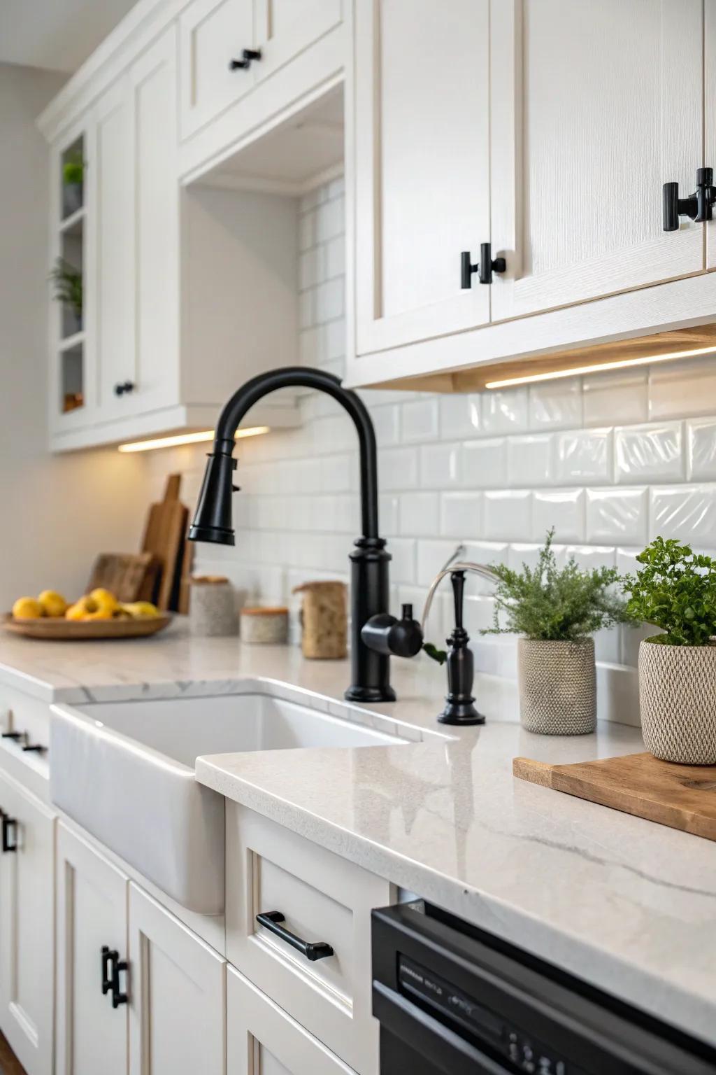 Unified design components create harmony in this kitchen, which features a dark tap.