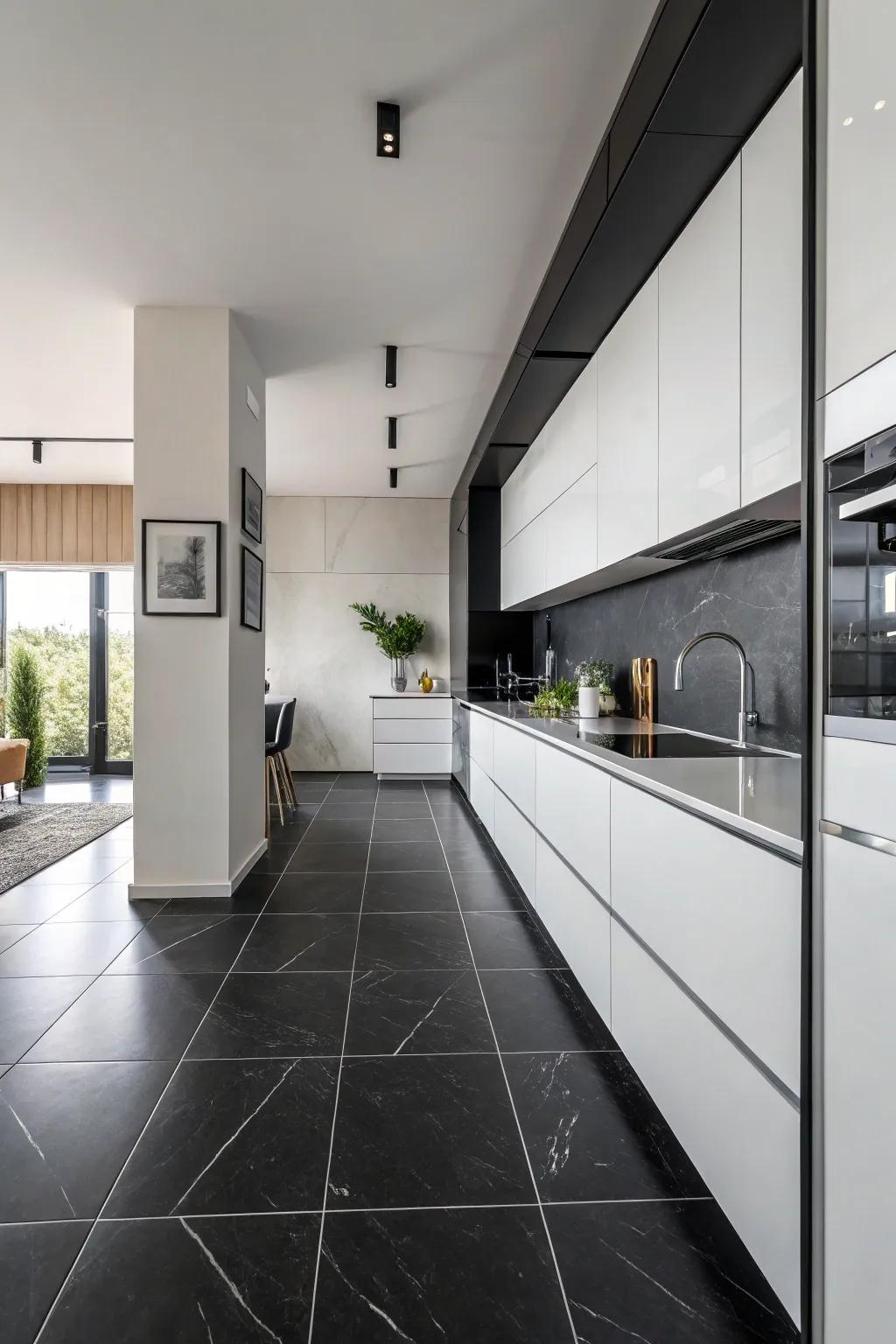 A monochrome kitchen where ink floors craft a cohesive design.