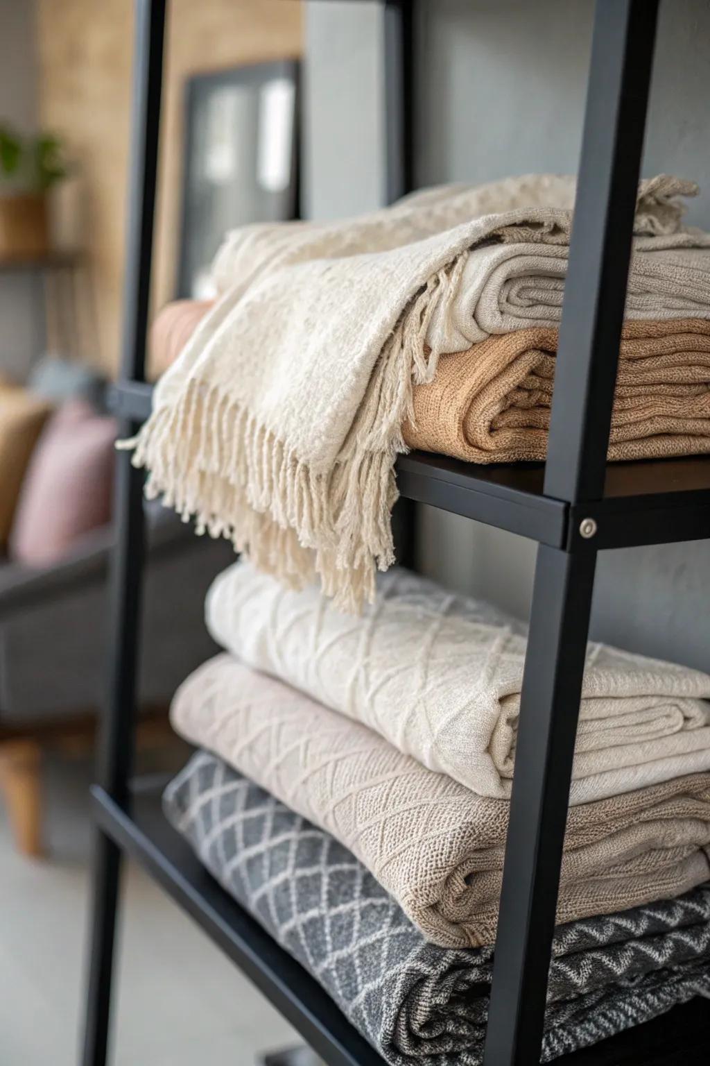 Fabrics adding a cozy, soft touch to a dark shelf.
