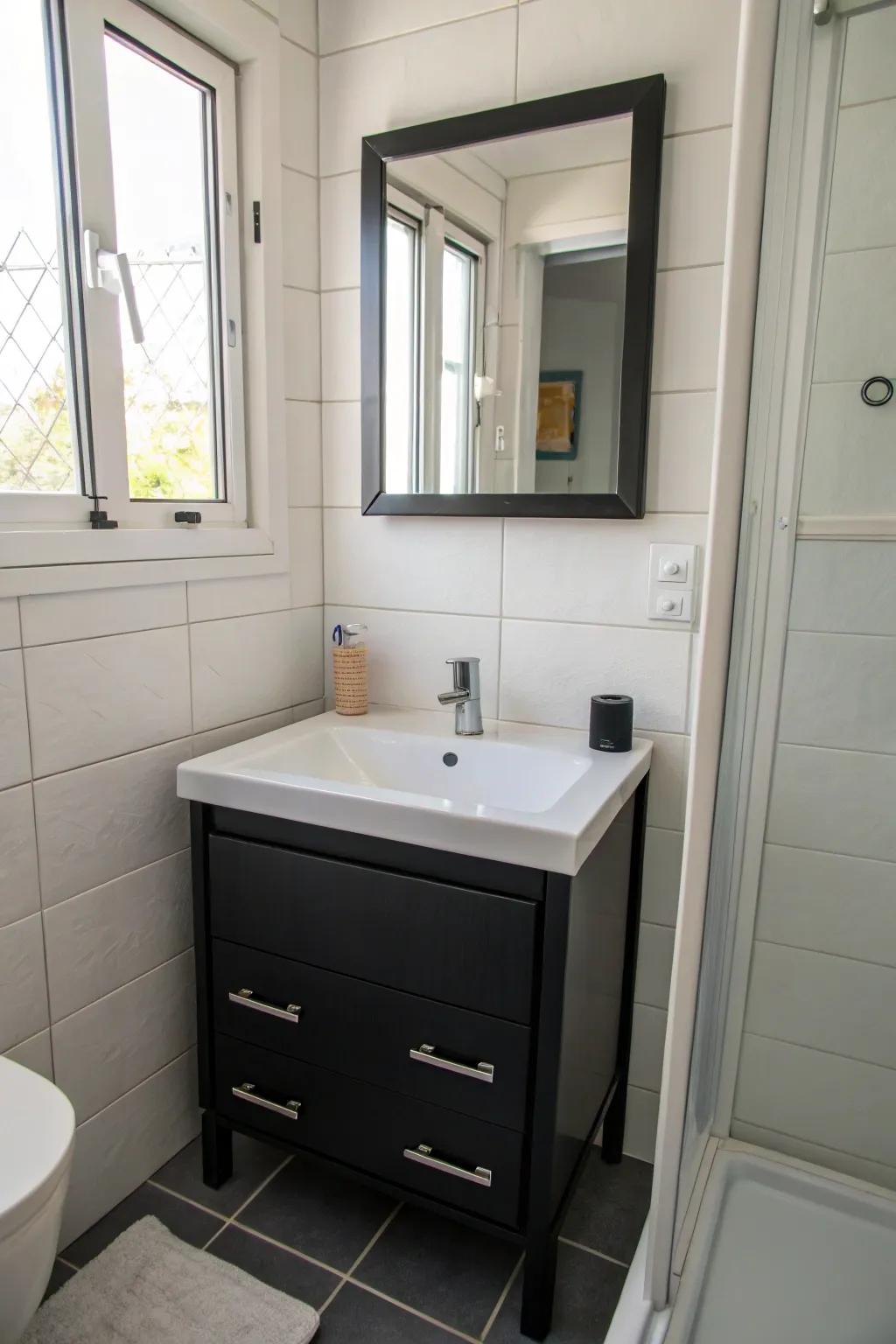 A small dark sink cabinet is the best for small bathrooms, offering style and smart design.