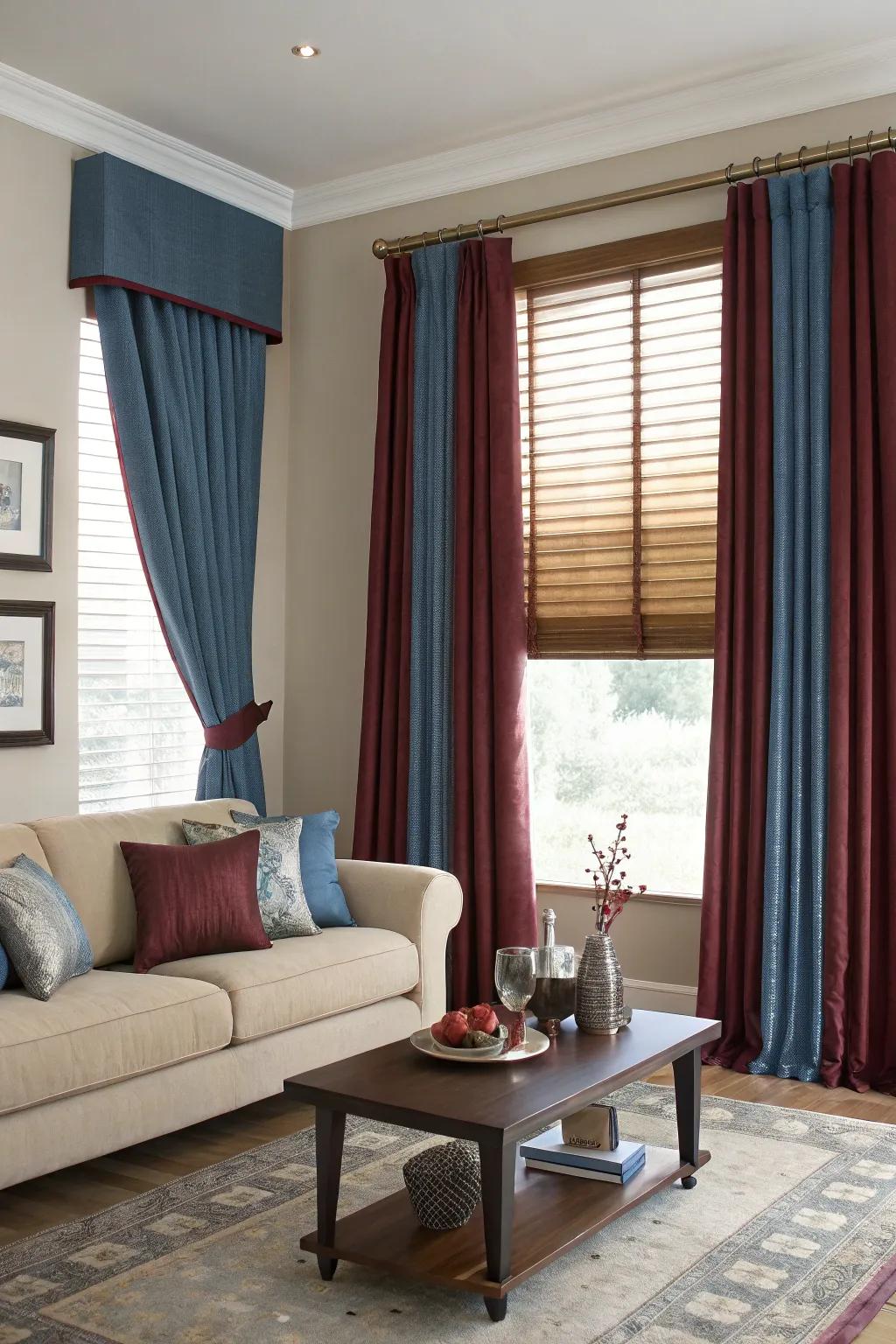 Window solutions in azure and crimson enhance the room's cohesive aesthetic.