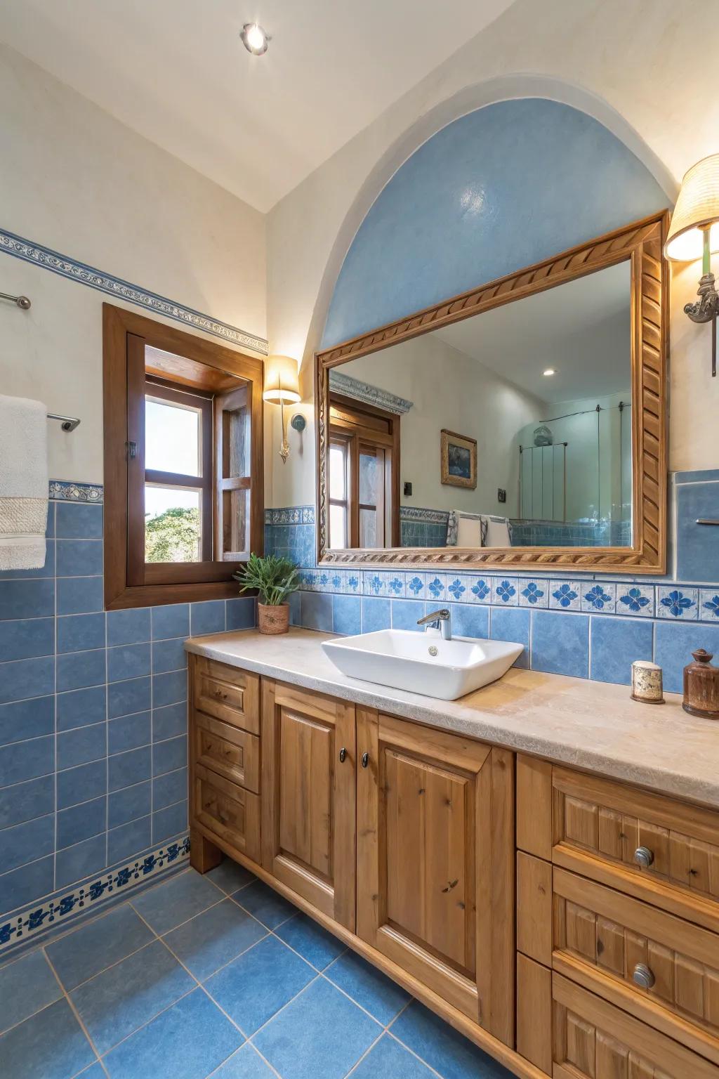 Blue and wood elements compose a warm and inviting bathroom.